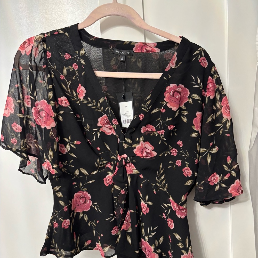 Dynamite Black Top with Pink Floral Design